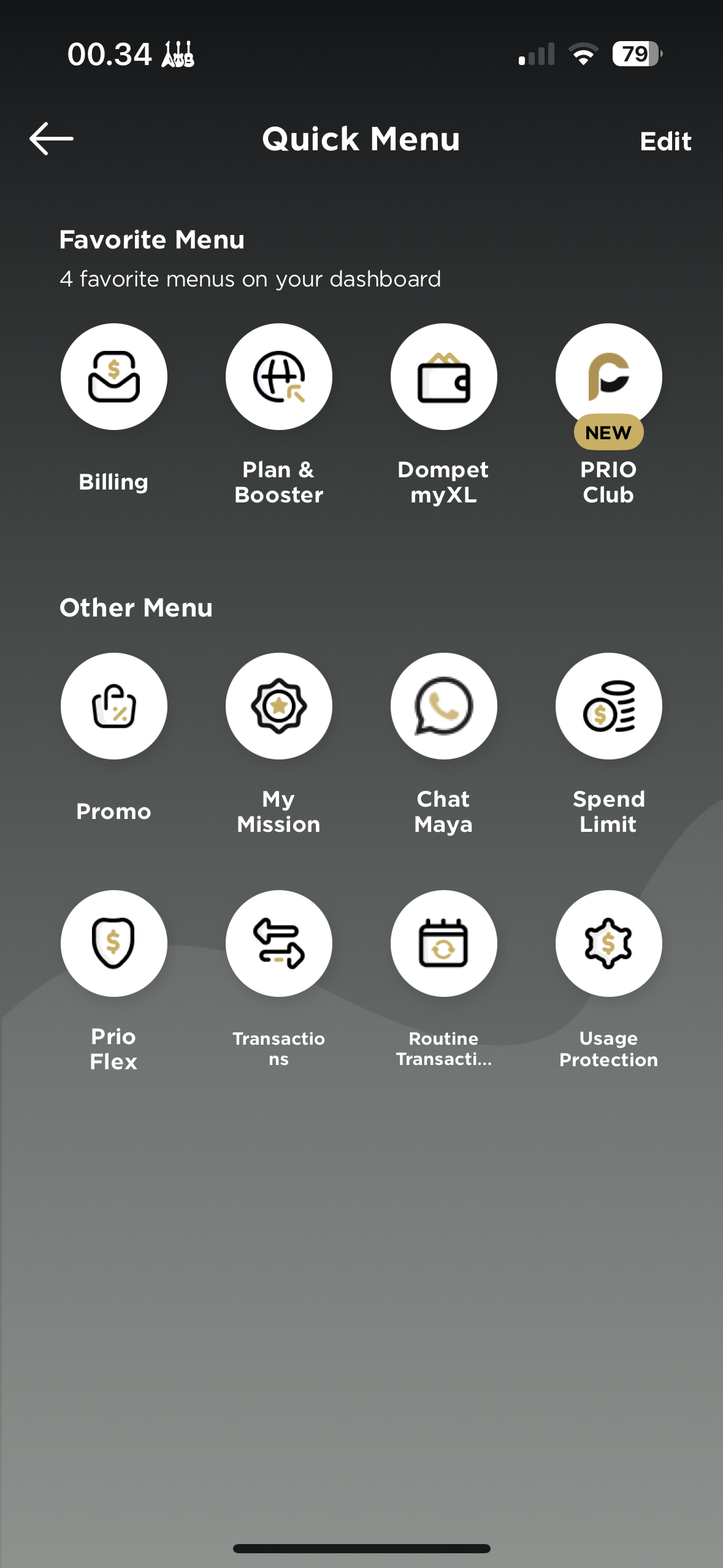 myXL telco service iOS app - UIKit interface displaying data plans, account management, and mobile service features used by millions daily